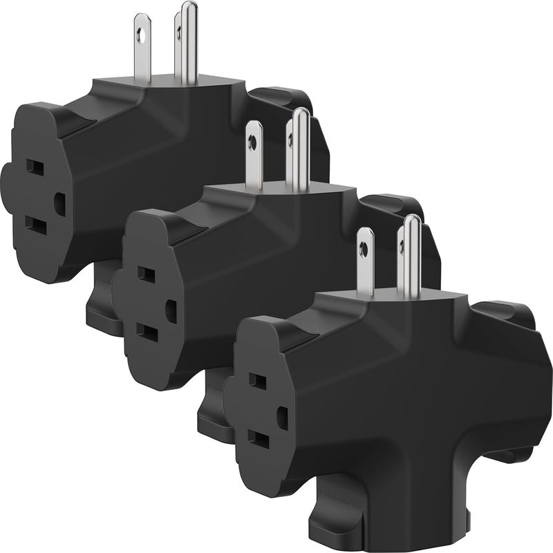 PLUGTUL 3 Way Plug Adapter, 3 Plug Wall Adapter, 3 Prong, Grounded, 15A, 1875W, Multiple Plug Expander for Home, Outdoor, ETL Listed, Black, 3PACK - Image 1